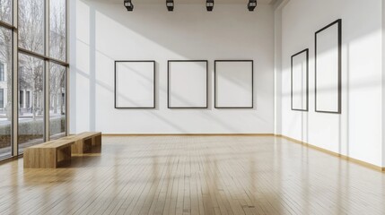 A minimalist art gallery featuring empty frames, wooden flooring, and large windows allowing natural light to illuminate the space.