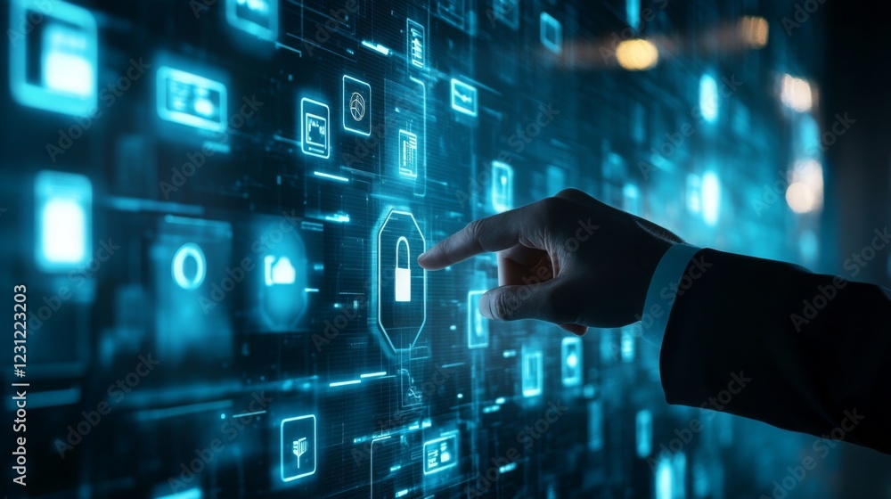 Leinwandbilder a hand interacts with a digital screen displaying various technology icons, emphasizing cybersecurit