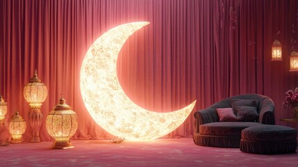 Ramadan Nights: A Serene and Luxurious Celebration. Glowing moon, lanterns, and velvet furniture create a peaceful ambiance.