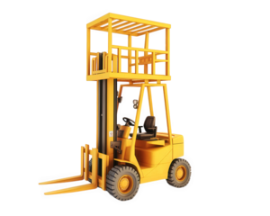 yellow forklift with raised platform, designed for high reach functionality, showcasing its robust structure and operational capabilities. Ideal for industrial settings