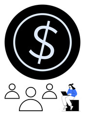 Large dollar icon, abstract human figures symbolizing a team, and a person with a laptop. Ideal for finance, collaboration, teamwork, investment, remote work, strategy abstract line flat metaphor
