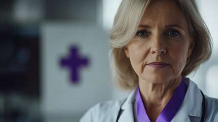 Compassionate Female Doctor with Purple Ribbon Supporting World Cancer Day Awareness for Hope and Healing