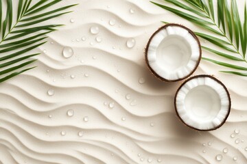 Macro shots of dewdrops on palm leaves, sand patterns, or coconut halves with straws
