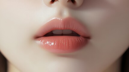 Fototapeta premium A close-up image of full, glossy lips with a soft peachy hue, conveying a sense of beauty and allure.