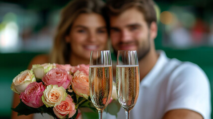Floral Delight Champagne Toast with a Vibrant Bouquet, Romantic Setting, and Festive Occasion for Party Joy and Happiness