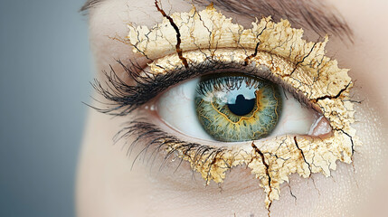 Close-up cracked gold eyeshadow eye, beauty