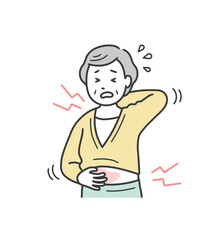 身体中が痒く顔をしかめる高齢女性の上半身イラスト
