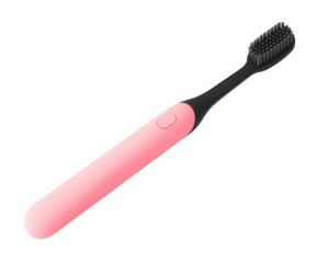 travel toothbrush with sleek design, featuring pink handle and black bristles, perfect for maintaining oral hygiene on go