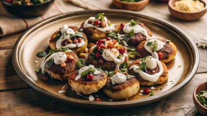 Delightful aloo tikki chaat preparation in an indian kitchen potato patties with chutneys and yogurt