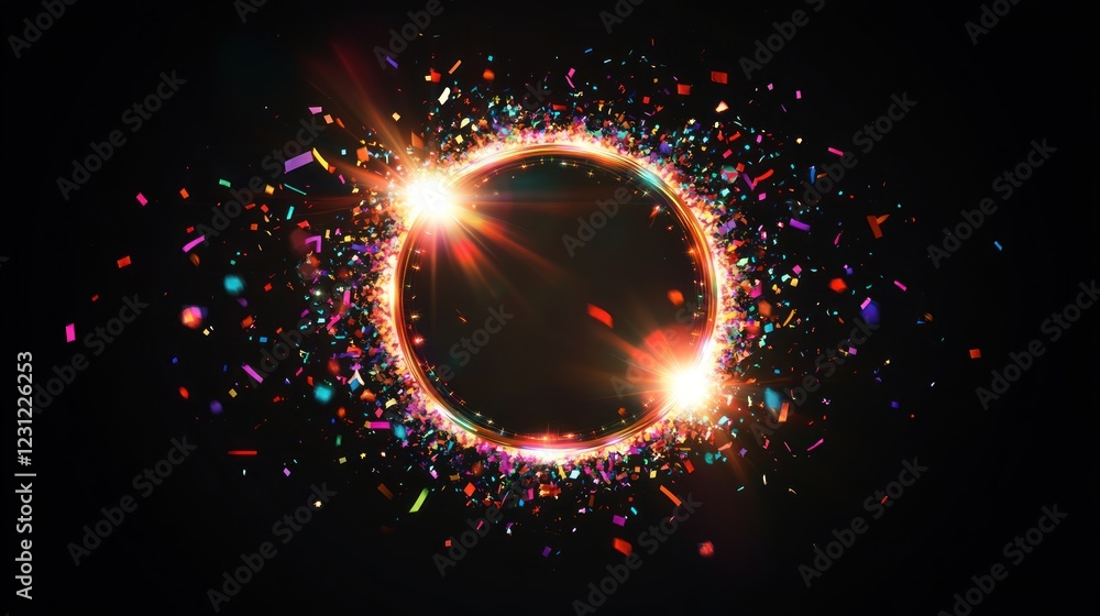 Poster confetti explosion around a circle shape with glowing lights on a dark background