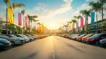 Obraz premium Retail outlet mall with a sprawling parking area, vibrant banners, and colorful vehicles filling the lot