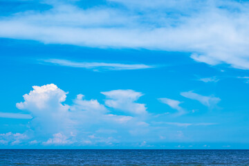 Nature of the beach and sea Summer with sunshine, sandy beaches, clear blue waters sparkling against the blue sky. On an island with good ecology and environment Background for summer vacation