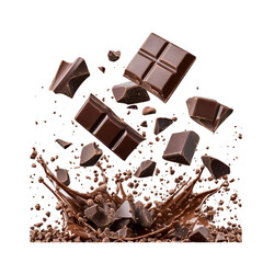 chocolate bar pieces falling isolated on transparent background