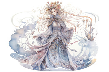 graceful woman in a fantasy outfit. Her dress is made in soft pastel colors with an exquisite pattern, emphasizing the lightness and airiness of the image.  