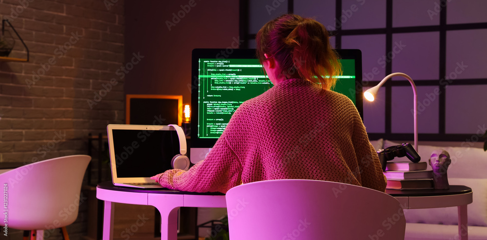 Poster female programmer working at table in office, back view