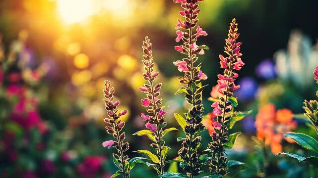 Sunlit pink flowers in a garden, backlit by golden hour sunlight, creating a soft, dreamy aesthetic.