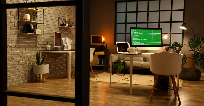 Interior of dark office with programmer's workplaces