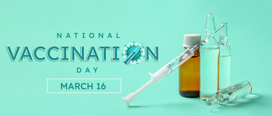 Medical ampules with syringe on green background