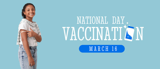 Happy ill African-American girl pointing at applied patch after vaccination on blue background