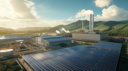 A bustling factory running on renewable energy from an adjacent solar farm, showcasing a commitment to sustainable industrial practices