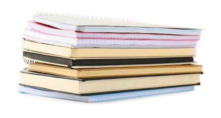 Stack of different notebooks isolated on white