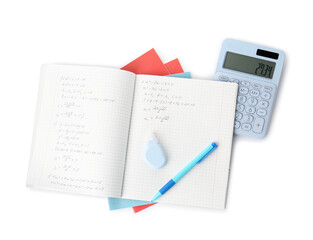 Doing homework. Notebook with math assignment and stationery on white background, top view