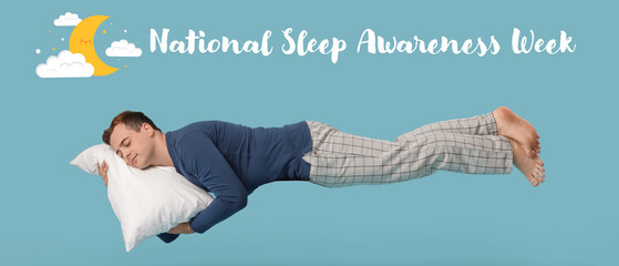 Young man flying while sleeping on blue background