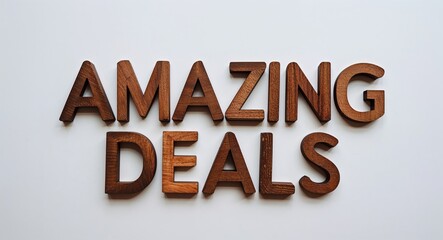 amazing deals word made of brown wood letters on plain white background