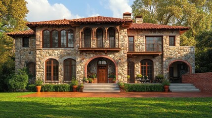 Fototapeta premium Spanish-style stone house with red tile roof, large windows, and a spacious front yard.