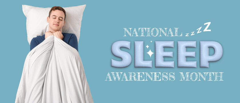 Young man with pillow and blanket sleeping on blue background - Powered by Adobe