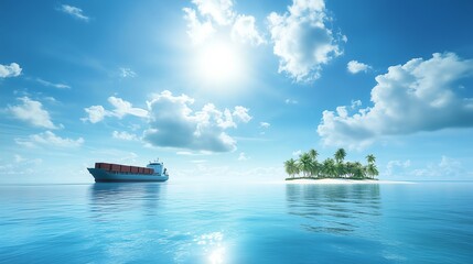 Obraz premium A freight vessel navigating near a tropical island, crystal-clear water reflecting sunlight, with scattered white clouds creating a serene maritime scene.
