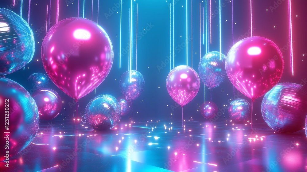 Poster a futuristic party setting featuring metallic pink and blue balloons, pulsating neon light patterns,