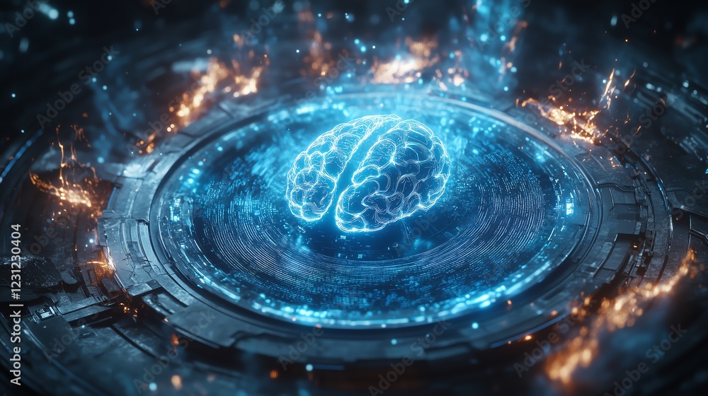 Poster a glowing ai brain rests on a circular platform, surrounded by neon blue holograms and digital data 