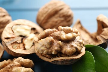 Fresh walnuts with shells on blue table, closeup