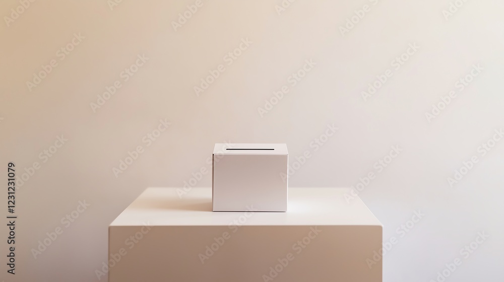 Aufkleber a minimalist ballot box with no votes inside, placed on a neutral-colored table against an unclutter