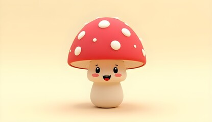 3D-rendered adorable mushroom character with a happy smiling face