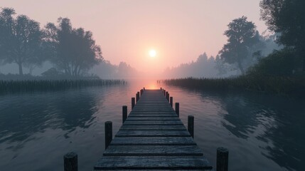 Fototapeta premium Serene Sunset Over Calm Water with Wooden Dock and Misty Trees
