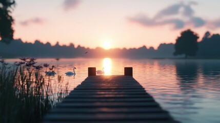 Fototapeta premium Serene Sunrise at Lake with Swans and Wooden Dock in Soft Light