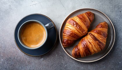 cup of coffee and croissant. Croissants with coffee. Two French croissants on plate and cup of espresso coffee on concret. 