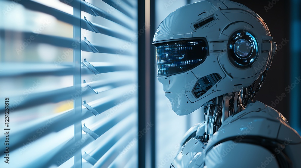 Aufkleber robot observing through louvers, symbolizing ai’s risks and over-reliance on machine learning in dec