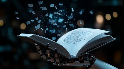 Robot hand holding a notebook with flying text, representing AI's role in content generation and creative writing, illustrating innovation through AI.