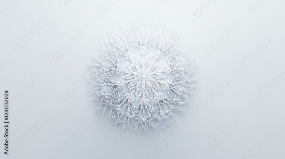 Poster a detailed transparent snowflake centered on a white background with soft empty space around it, per