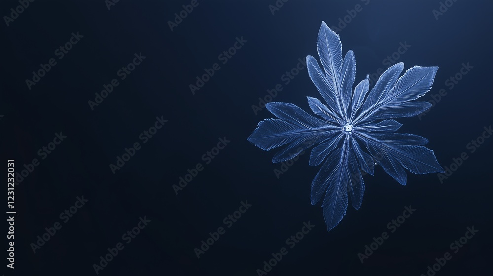 Poster a single delicate snowflake glowing softly on a dark blue gradient background, surrounded by wide em