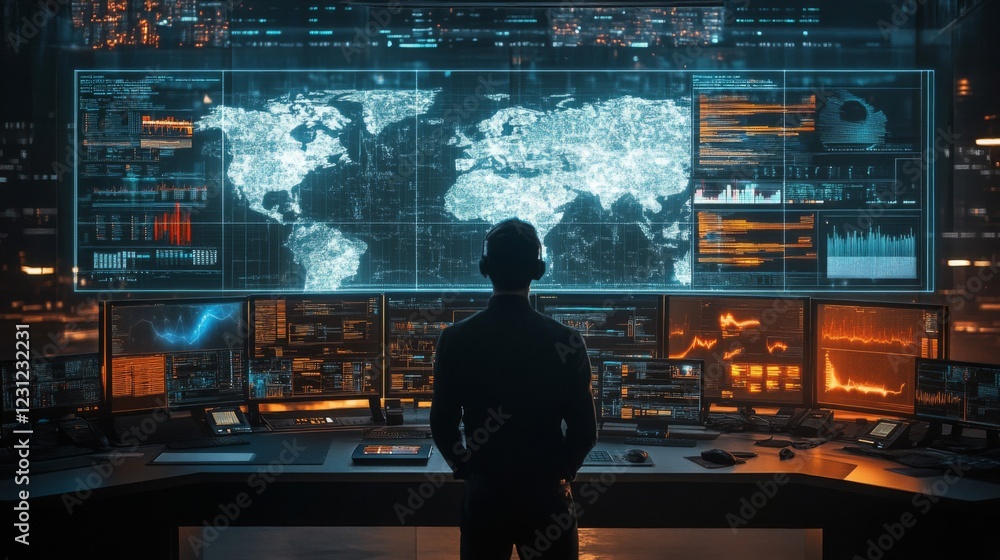 Poster person monitoring global network data on large screens in a dark control room