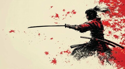 Samurai warrior in action, katana drawn, autumn leaves falling. A dynamic illustration of Japanese culture and Bushido code.