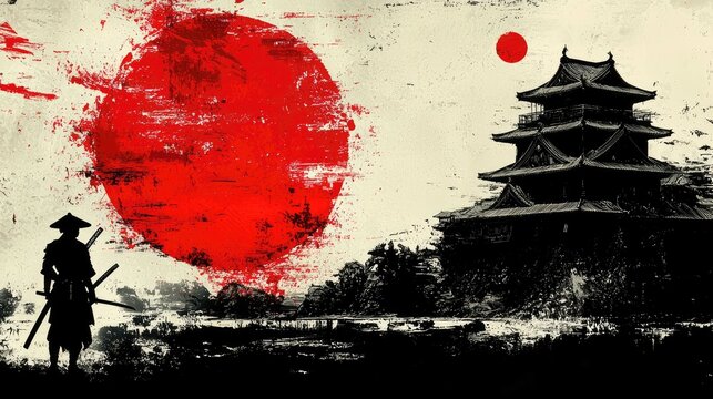 Samurai Warrior before Japanese Castle under Red Sun. Asian Art, Culture, History, Feudal Japan, Ronin, Katana, Sword