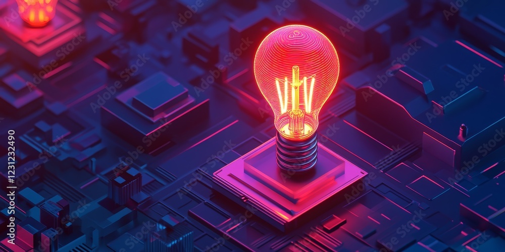 Poster a computer chip with a light bulb on top of it. the light bulb is glowing red and it is surrounded b