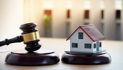 gavel and house. Close up Conceptual White Miniature House on Top of the Table Beside Court Gavel. 