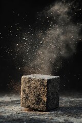 A captivating close-up of a cube emitting fine dust particles against a dark background, capturing the essence of motion and texture in a minimalist setting.