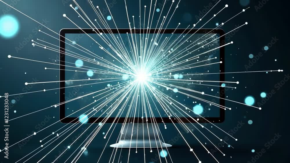 Poster A computer monitor with a bright light coming out of it. The light is surrounded by a lot of small dots